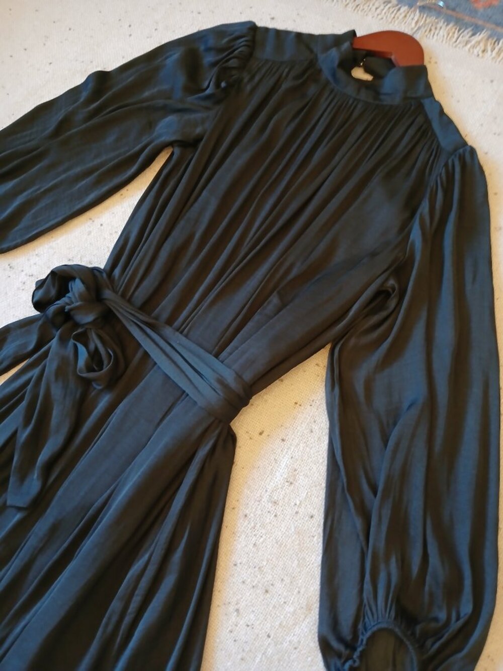 Banana Republic S Petite Navy Pleated Maxi Dress Tie Waist Balloon Sleeve
